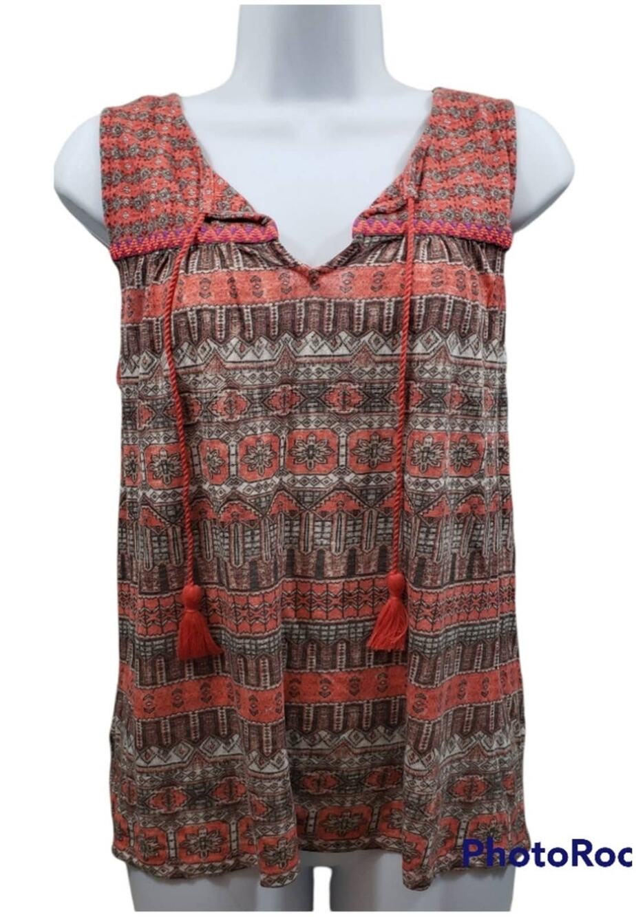 Lucky Brand Mixed Print Tassel Engineered Boarder Tank Top Orange/Brown Size M